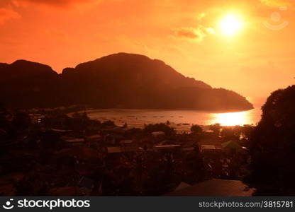 The view from the Viewpoint on the Town of Ko PhiPhi on Ko Phi Phi Island outside of the City of Krabi on the Andaman Sea in the south of Thailand. . THAILAND