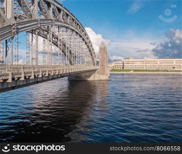 The view from the waterfront to the bridge across the Neva river