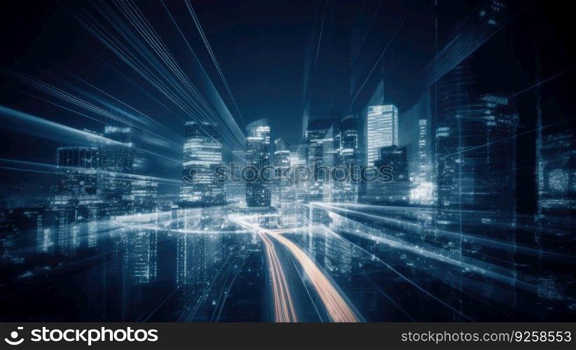 The view of abstract city with street light trails and blue neon light. Generative AI AIG21.
