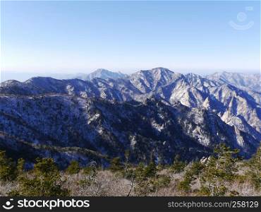 The view to beautiful mountains from the high peak. Seoraksan National Park. South Korea