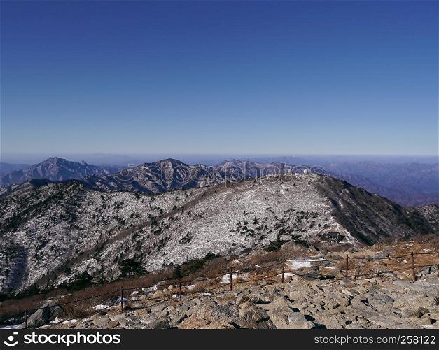 The view to beautiful mountains from the highest peak Daecheongbong. Seoraksan National Park. South Korea