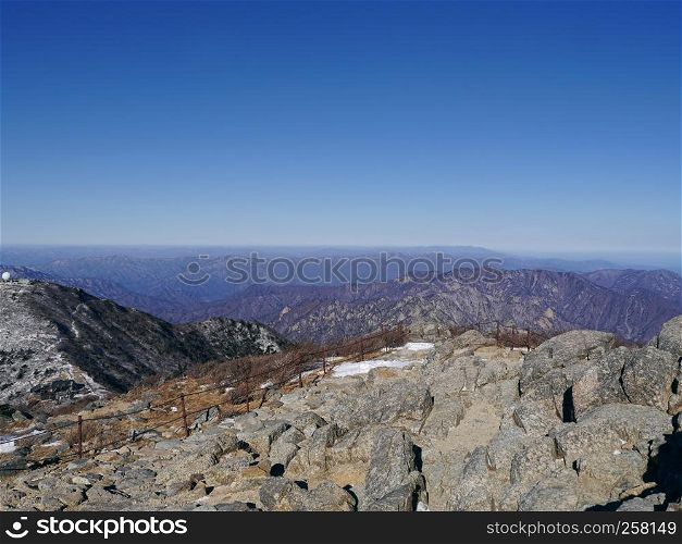 The view to beautiful mountains from the highest peak Daecheongbong. Seoraksan National Park. South Korea