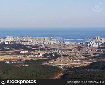The view to Sokcho city from the peak. Seoraksan mountains, South Korea