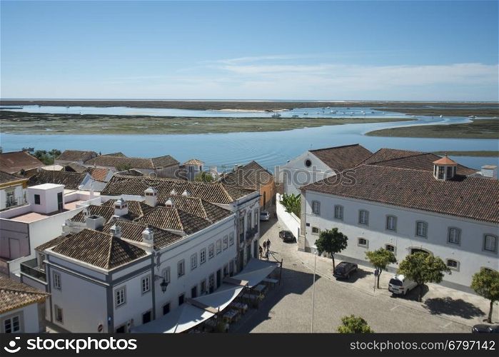 the view to the Ria Formosa Landscape in the city centre at the Lago de Se in the old town of Faro at the east Algarve in the south of Portugal in Europe.. EUROPE PORTUGAL ALGARVE FARO RIA FORMOSA