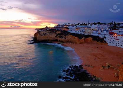 The village Carvoeiro in the Algarve Portugal at sunset