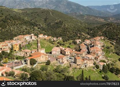 The village, houses and church of Moltifao in the Balagne region of Corsica