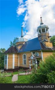 The village of Marcial waters, Karelia, Russia - August 8, 2017: The Wooden Church of the Apostle Peter 8 August 2017 in the village of Marcial waters, Karelia, Russia.