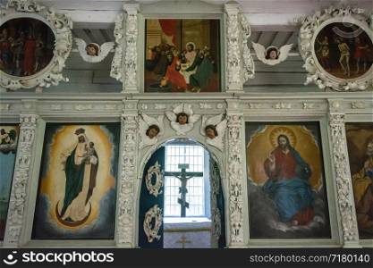 The village of Marcial waters, Karelia, Russia - August 8, 2017: The Icon in the wooden Church of the Apostle Peter 8 August 2017 in the village of Marcial waters, Karelia, Russia.