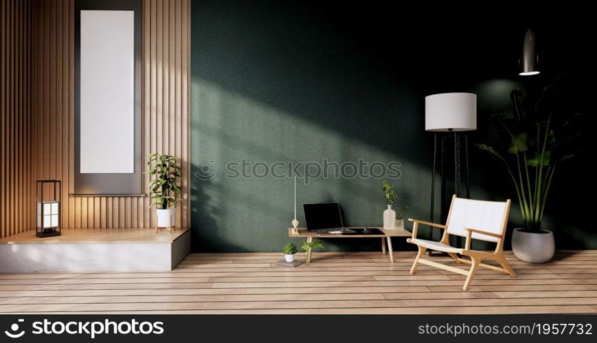 The vintage cabinet design, Green Living room with armchair japanese style.3D rendering