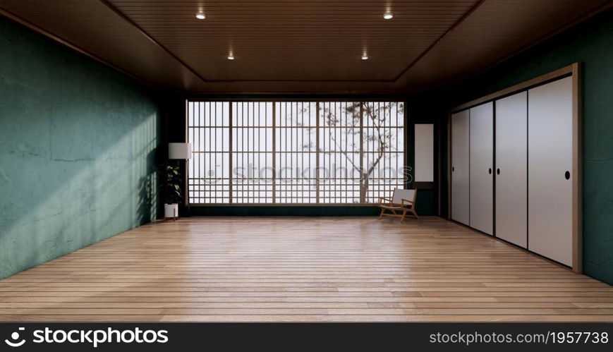 The vintage cabinet design, Green Living room with armchair japanese style.3D rendering