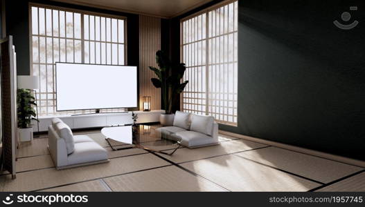 The vintage cabinet design, Green Living room with armchair japanese style.3D rendering