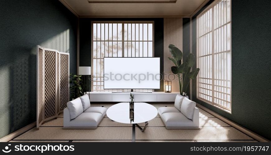 The vintage cabinet design, Green Living room with armchair japanese style.3D rendering