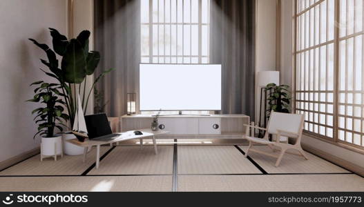 The vintage cabinet design, Green Living room with armchair japanese style.3D rendering