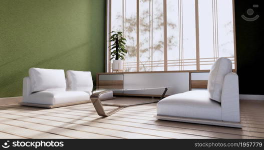 The vintage cabinet design, Green Living room with armchair japanese style.3D rendering