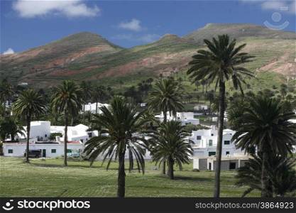 The volcanic Hills near the Village of Haria on the Island of Lanzarote on the Canary Islands of Spain in the Atlantic Ocean.&#xA;