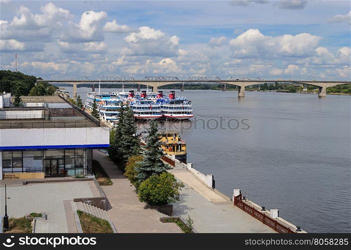 The Volga River and river station with passenger ships in Yaroslavl, Russia