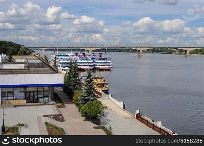 The Volga River and river station with passenger ships in Yaroslavl, Russia