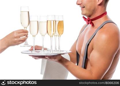 The waiter gives to ladies champagne isolated
