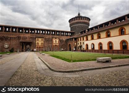 The Wall and Towers of Castello Sforzesco (Sforza Castle) in Milan, Italy