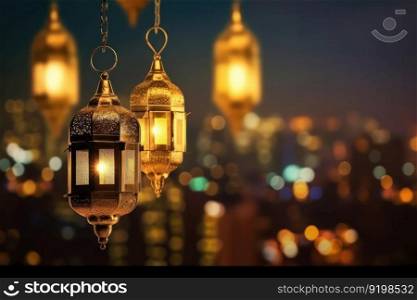 The warm ambiance of a lantern and the bokeh city lights create a cozy atmosphere for the evening celebration of Ramadan Kareem. Ai Generative