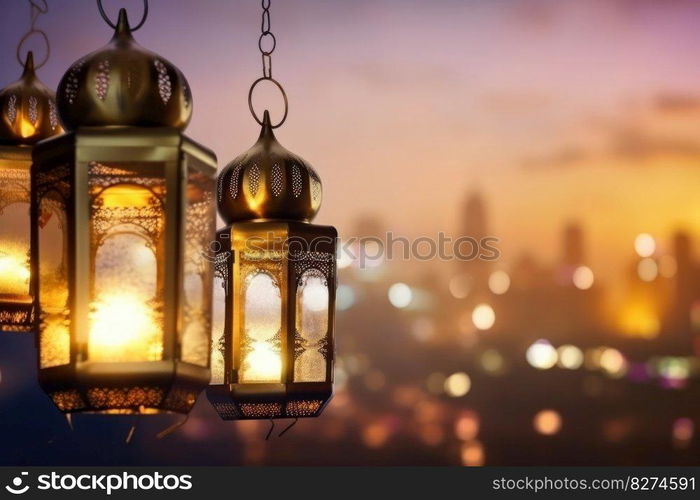 The warm glow of a lantern adds to the ambiance of a beautifully decorated Eastern mosque, creating a peaceful atmosphere for prayer and celebration. Ai Generative