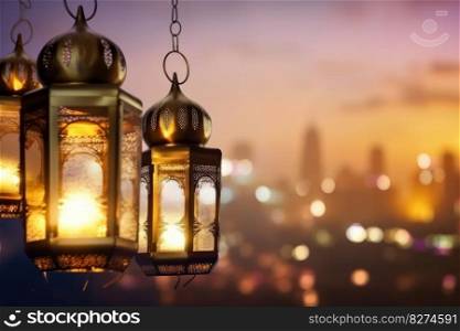 The warm glow of a lantern adds to the ambiance of a beautifully decorated Eastern mosque, creating a peaceful atmosphere for prayer and celebration. Ai Generative