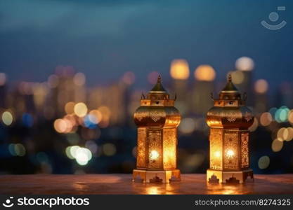 The warm glow of a lantern, surrounded by bokeh city lights, adds to the festive atmosphere of the Muslim feast of Eid al-Fitr. Ai Generative