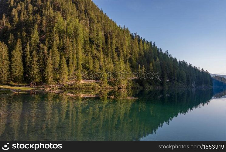 The warm morning light illuminates the numerous green pines that are reflected in the water of the Braies lake, Italian landscape in South Tyrol