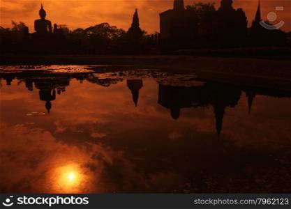 the Wat Mahathat Temple at the Historical Park in Sukothai in the Provinz Sukhothai in the north of Bangkok in Thailand, Southeastasia.