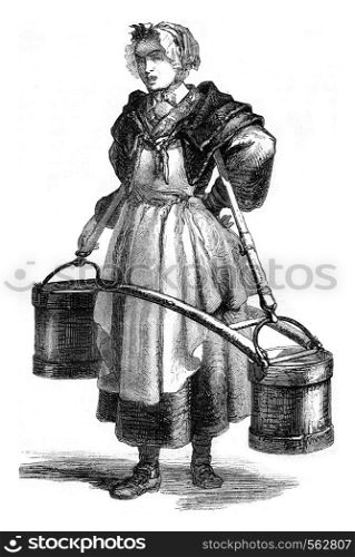 The Water Carrier, Cries of Paris in 1774, vintage engraved illustration. Magasin Pittoresque 1869.