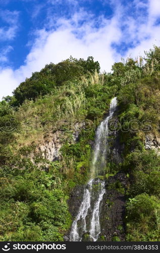 The waterfall called El Cabello Del Virgen (The Virgin&rsquo;s Hair) in the small town of Banos in Ecuador