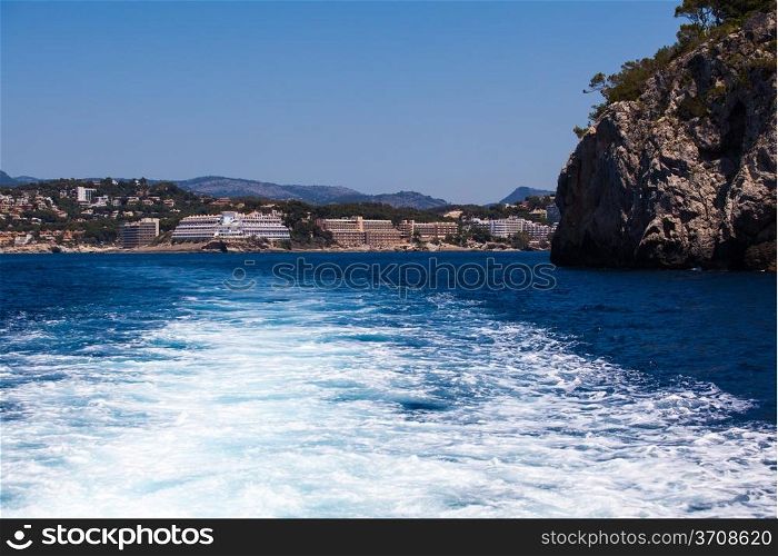 The waves from a high-speed boat. waterway. Sea Travel
