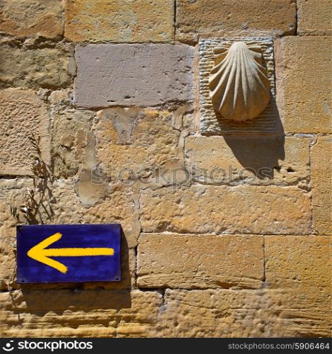 The way of Saint James arrow and shell sign at Granon in La Rioja Logrono