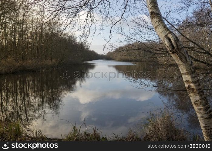 the weerribben nature park in holland with clouds reflection in the water