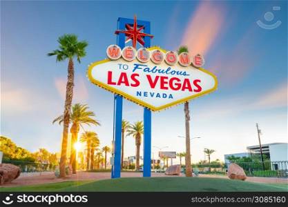 The Welcome to Fabulous Las Vegas sign in Las Vegas, Nevada USA at sunset