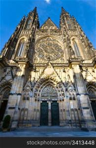 The west facade of St. Vitus Cathedral in Prague (Czech Republic) with its rose window