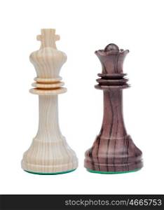 The white king and the black queen chess pieces isolated on white background
