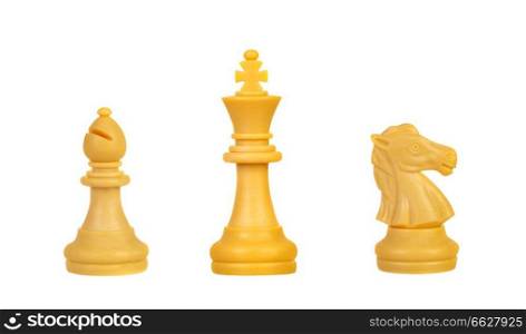 The white king, bishop and knight. Important chess?s figures isolated on a white background