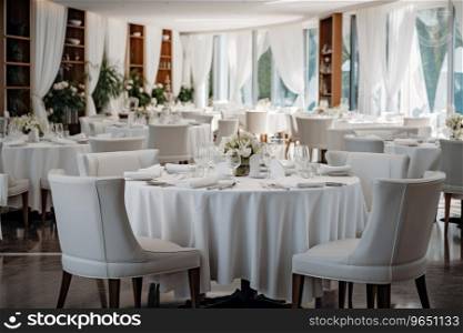 The white round banquet tables in the restaurant. Stylish event decor.