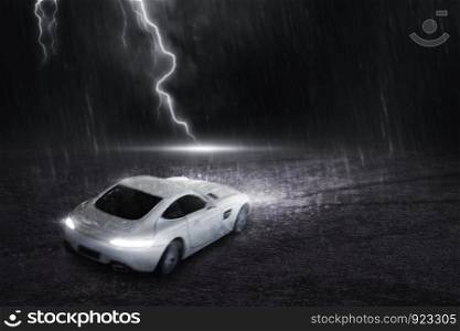 The white sports car that focuses on the back, runs on a road with rain and lightning at night, motion blur concept. 3D Render.