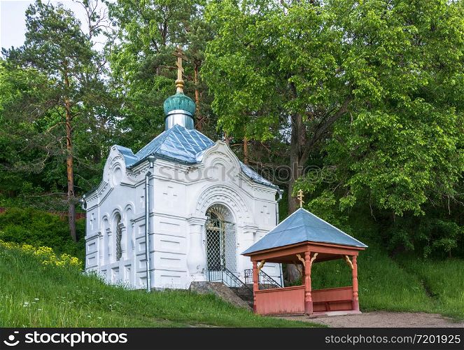 The white stone chapel at the Holy spring Macarius of St. Macarius in the town of Makaryev, Kostroma region, Russia.