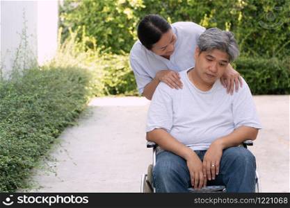 The wife is caring for a depression husband who is in a wheelchair. Obese people who are unhappy with many diabetes, pressure and heart disease