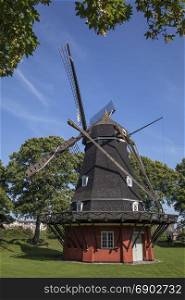 The windmill on the Kings Bastion in the Kastellet in the city of Copenhagen, Denmark. Built in 1847, it replaced another windmill dating from 1718 which was destroyed in a storm.