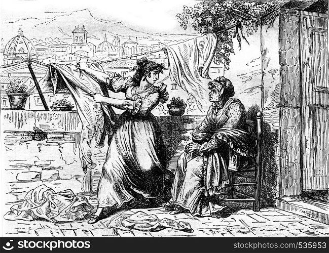 The witch Calpurnia persuaded that Nuccia Meo Patacca betrayed, vintage engraved illustration. Magasin Pittoresque 1857.