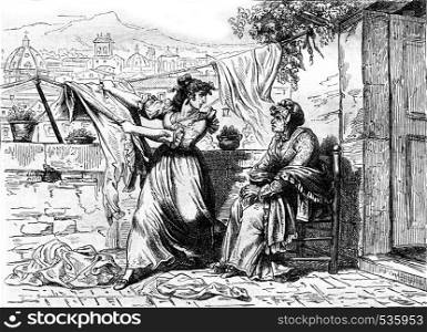The witch Calpurnia persuaded that Nuccia Meo Patacca betrayed, vintage engraved illustration. Magasin Pittoresque 1857.