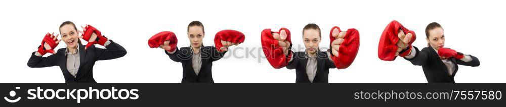 The woman boxer isolated on white background. Woman boxer isolated on white background