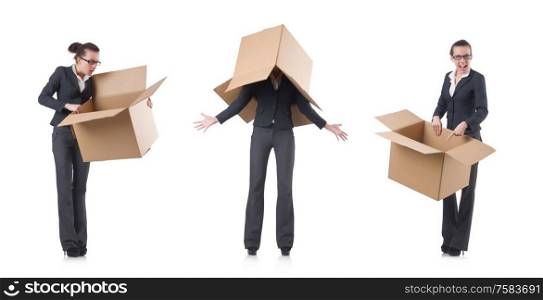 The woman businesswoman with boxes on white. Woman businesswoman with boxes on white