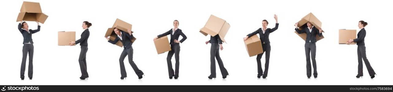 The woman businesswoman with boxes on white. Woman businesswoman with boxes on white