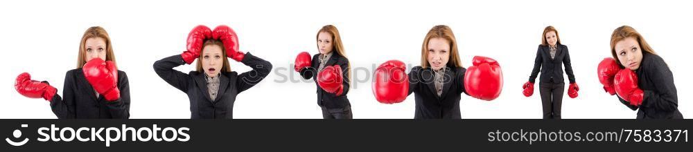 The woman businesswoman with boxing gloves on white. Woman businesswoman with boxing gloves on white