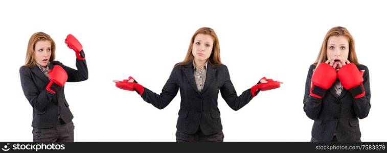 The woman businesswoman with boxing gloves on white. Woman businesswoman with boxing gloves on white